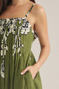Olive Pleated Floral Print Maxi Dress