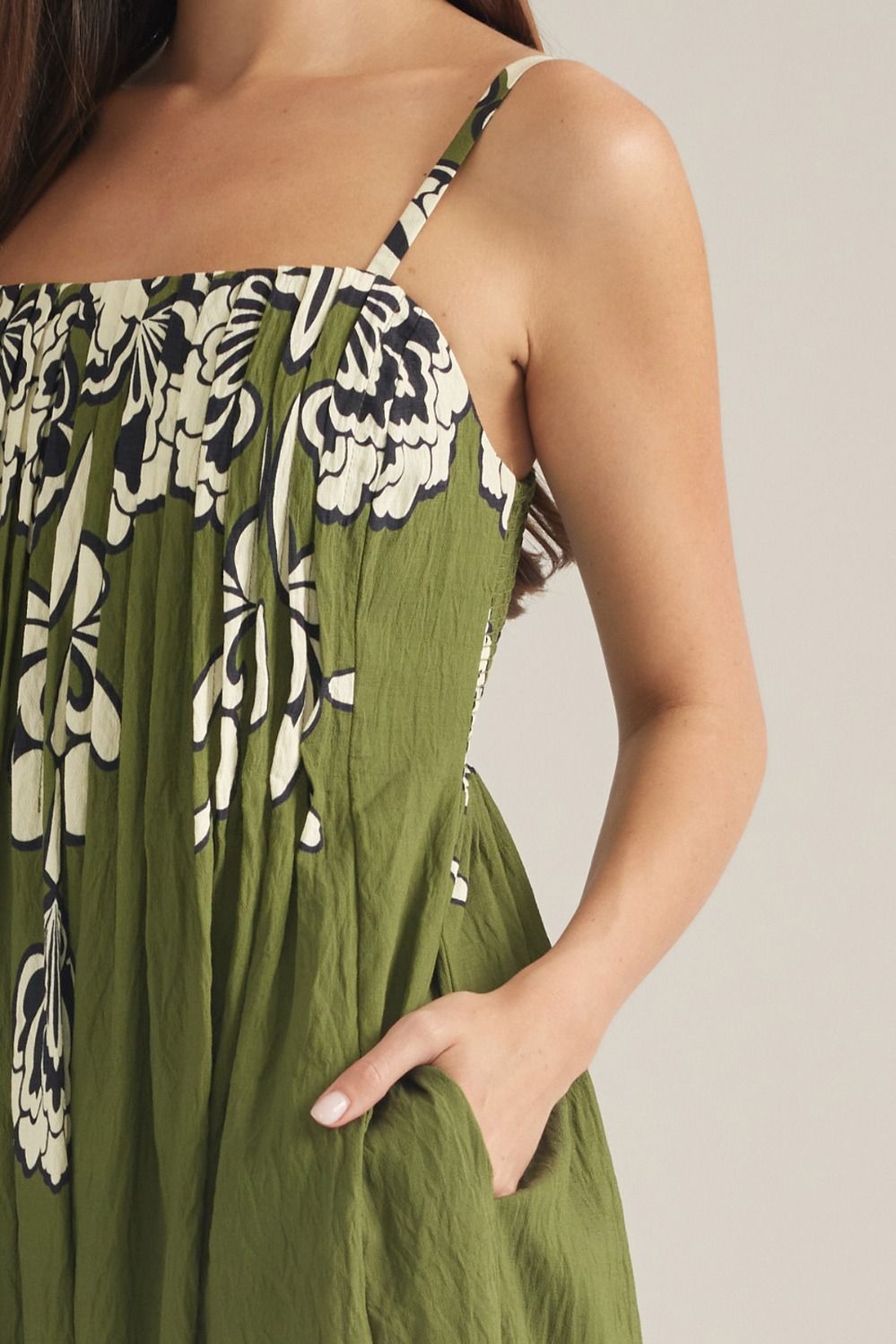 Olive Pleated Floral Print Maxi Dress