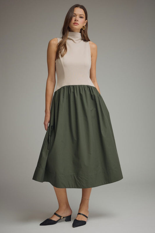 Solid Sleeveless Mock Neck Midi Dress
