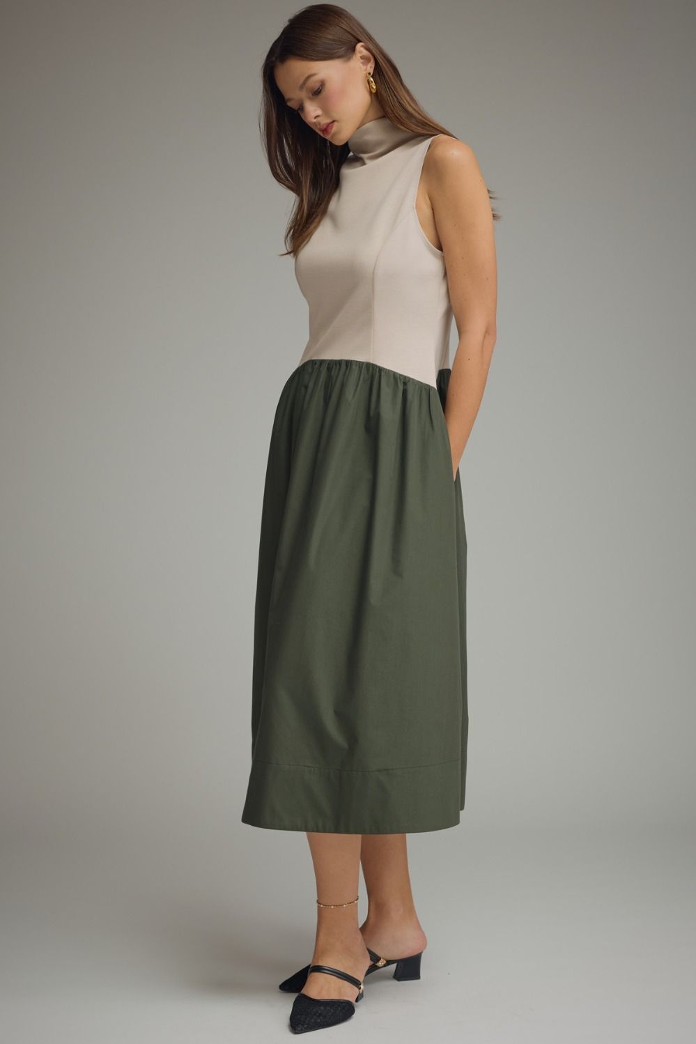 Solid Sleeveless Mock Neck Midi Dress