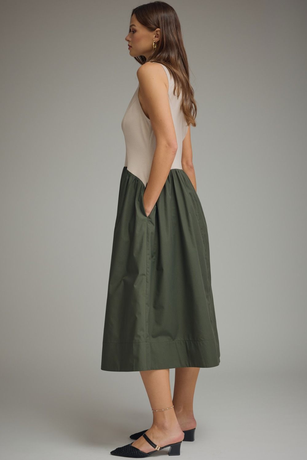 Solid Sleeveless Mock Neck Midi Dress