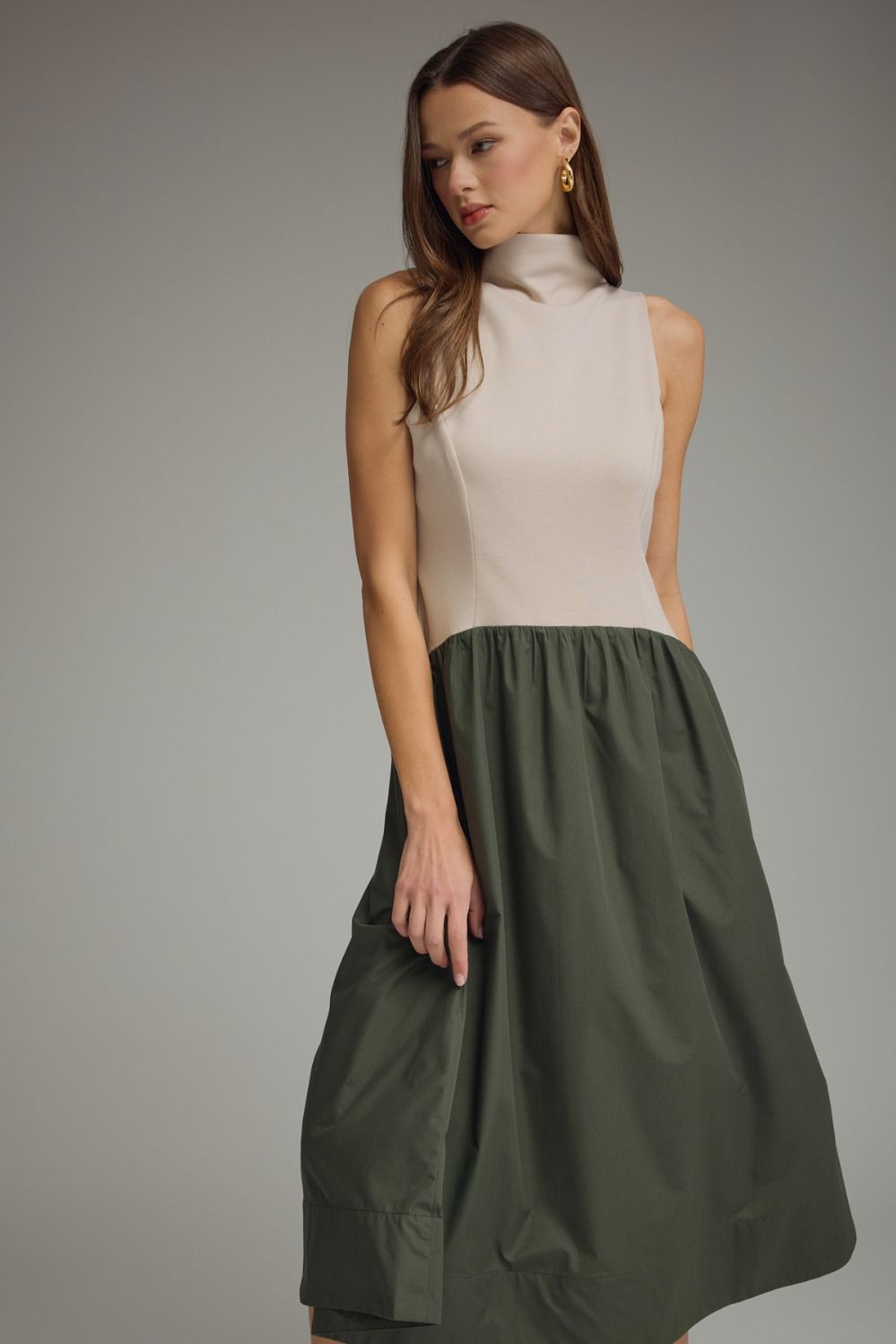 Solid Sleeveless Mock Neck Midi Dress