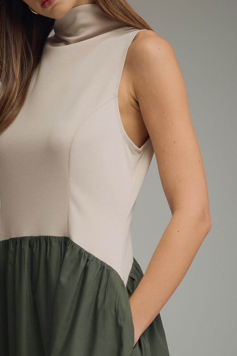 Solid Sleeveless Mock Neck Midi Dress