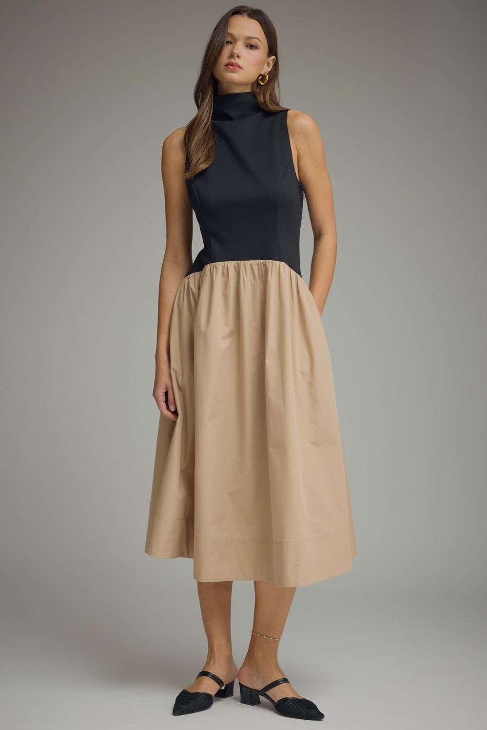 Solid Sleeveless Mock Neck Midi Dress