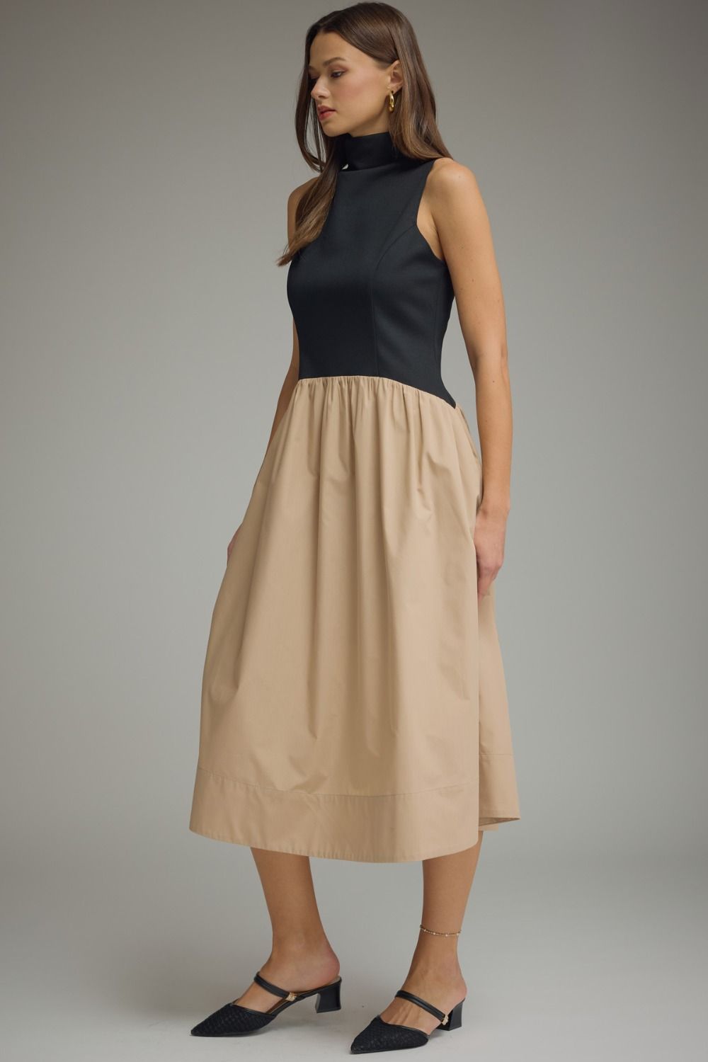 Solid Sleeveless Mock Neck Midi Dress