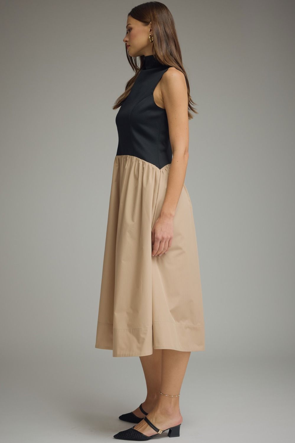 Solid Sleeveless Mock Neck Midi Dress