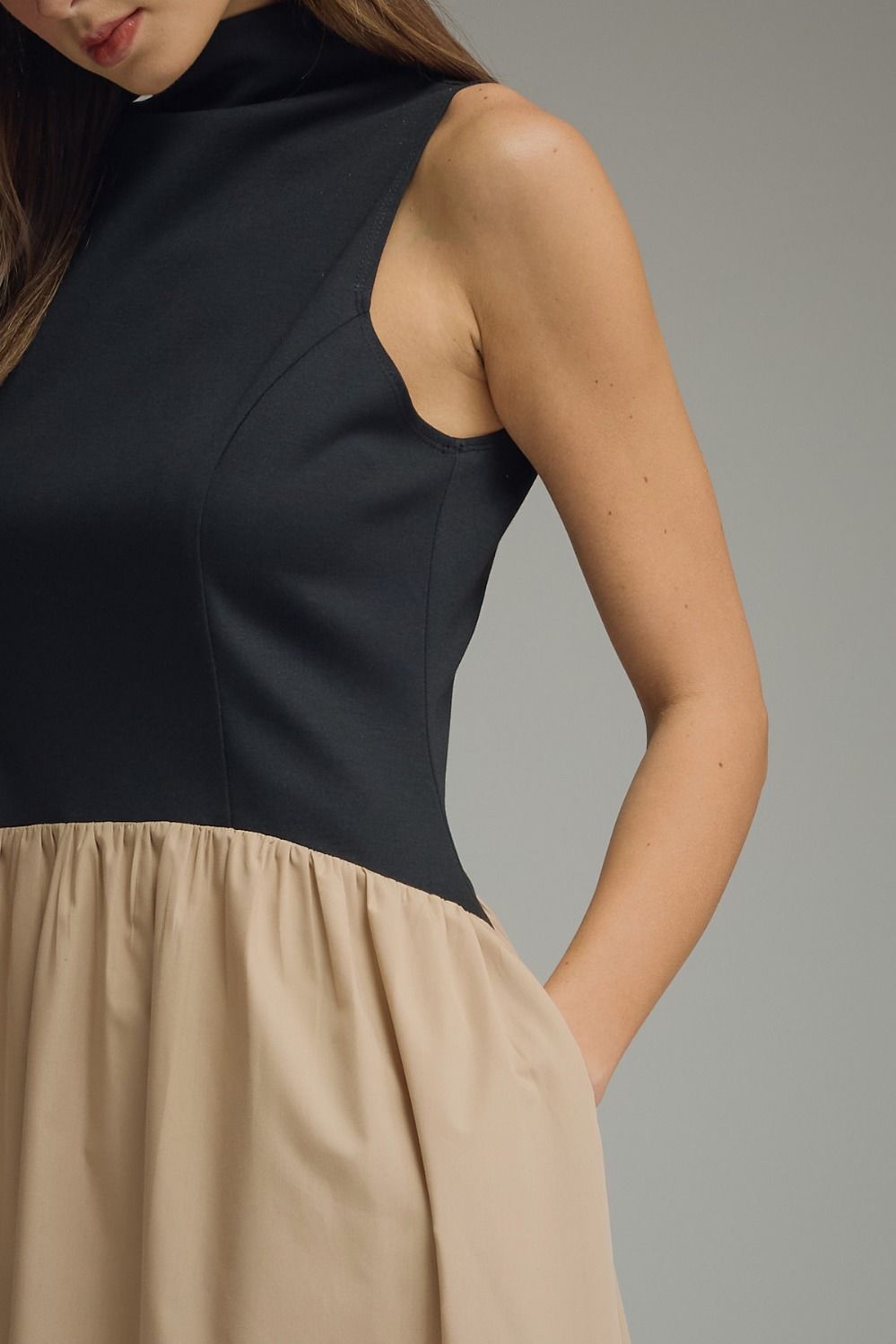 Solid Sleeveless Mock Neck Midi Dress