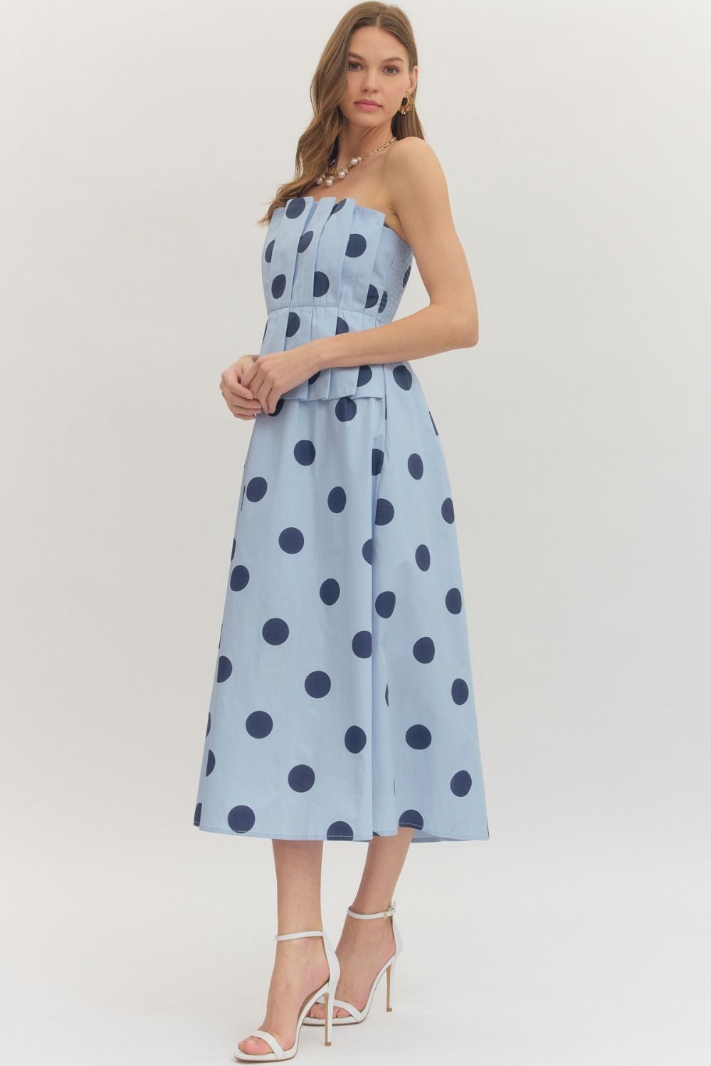 Polka Dot Pleated Strapless Midi