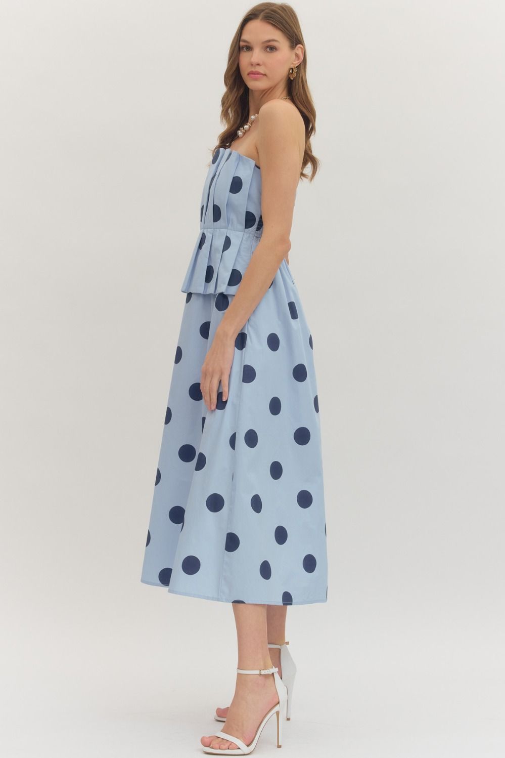 Polka Dot Pleated Strapless Midi