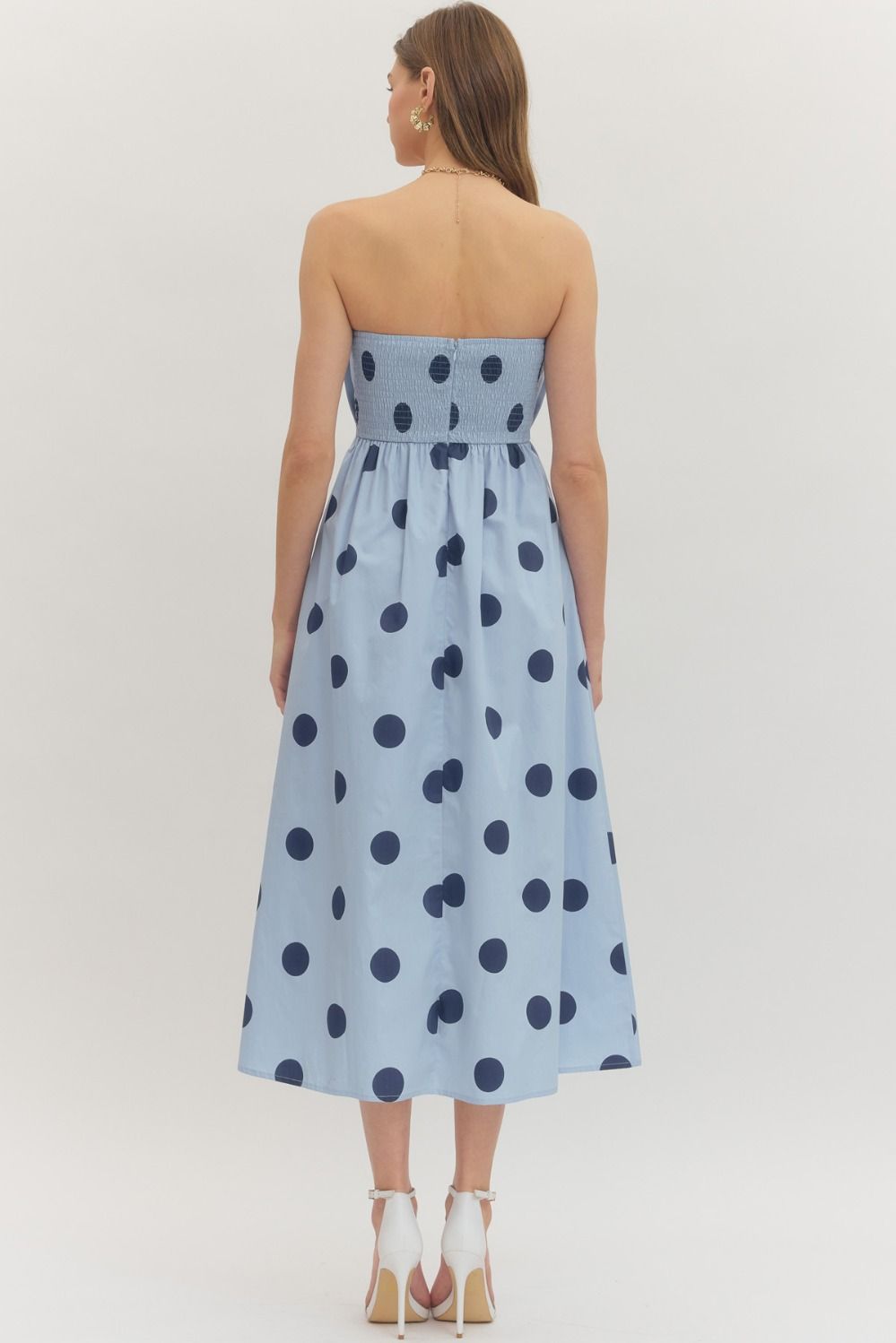 Polka Dot Pleated Strapless Midi