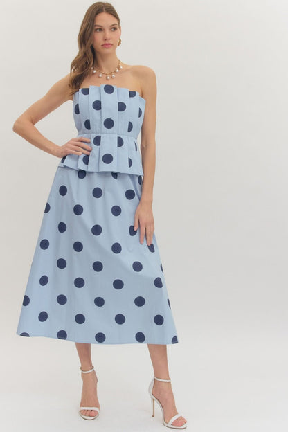 Polka Dot Pleated Strapless Midi