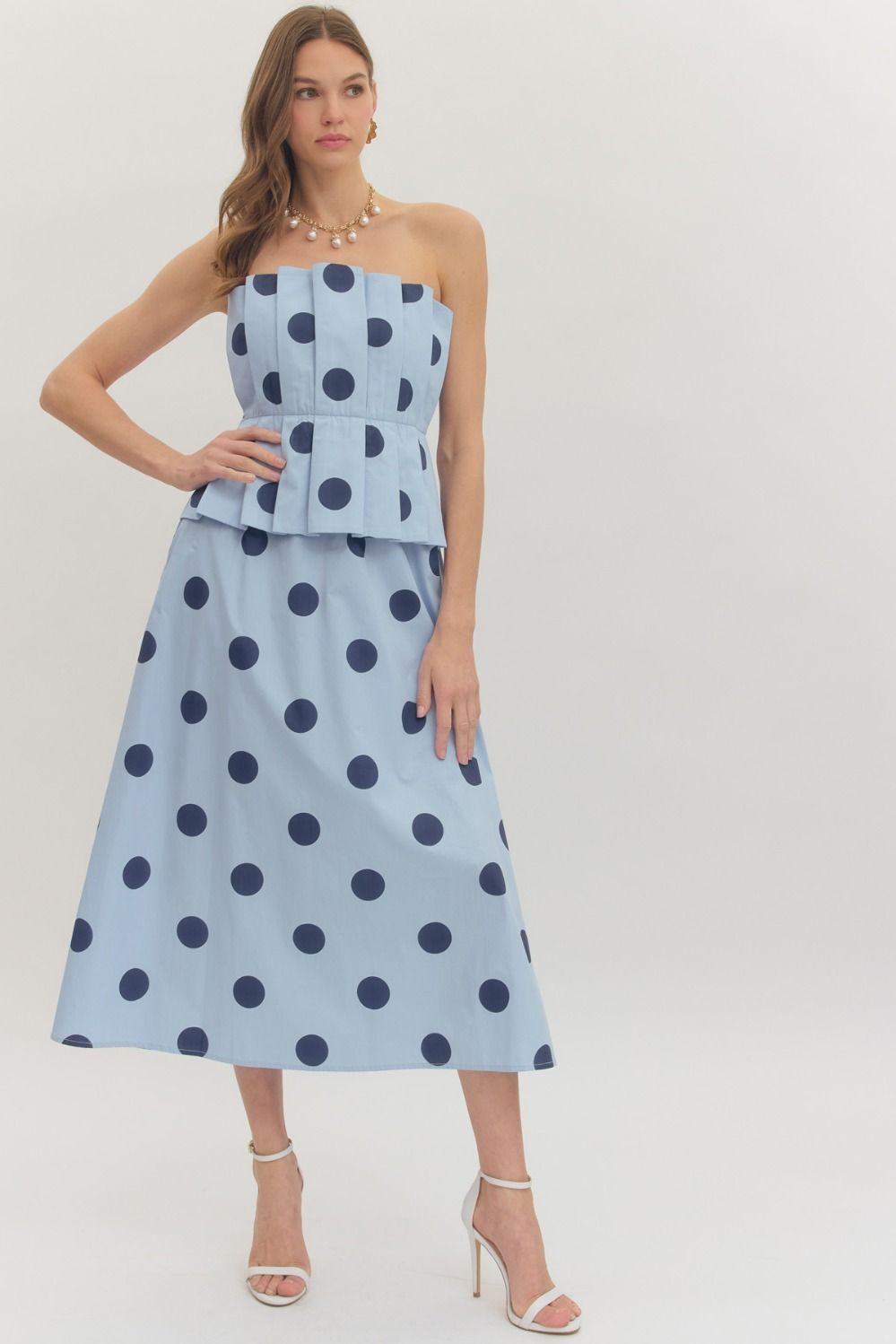 Polka Dot Pleated Strapless Midi