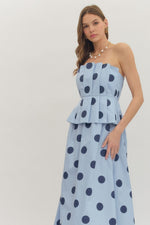 Polka Dot Pleated Strapless Midi