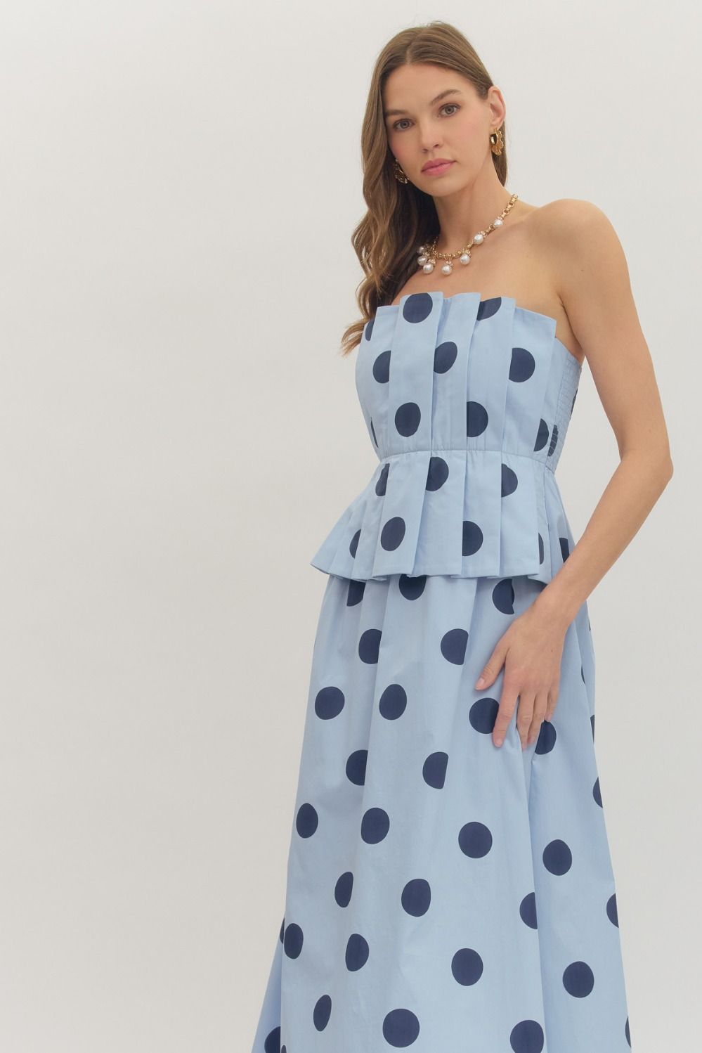 Polka Dot Pleated Strapless Midi
