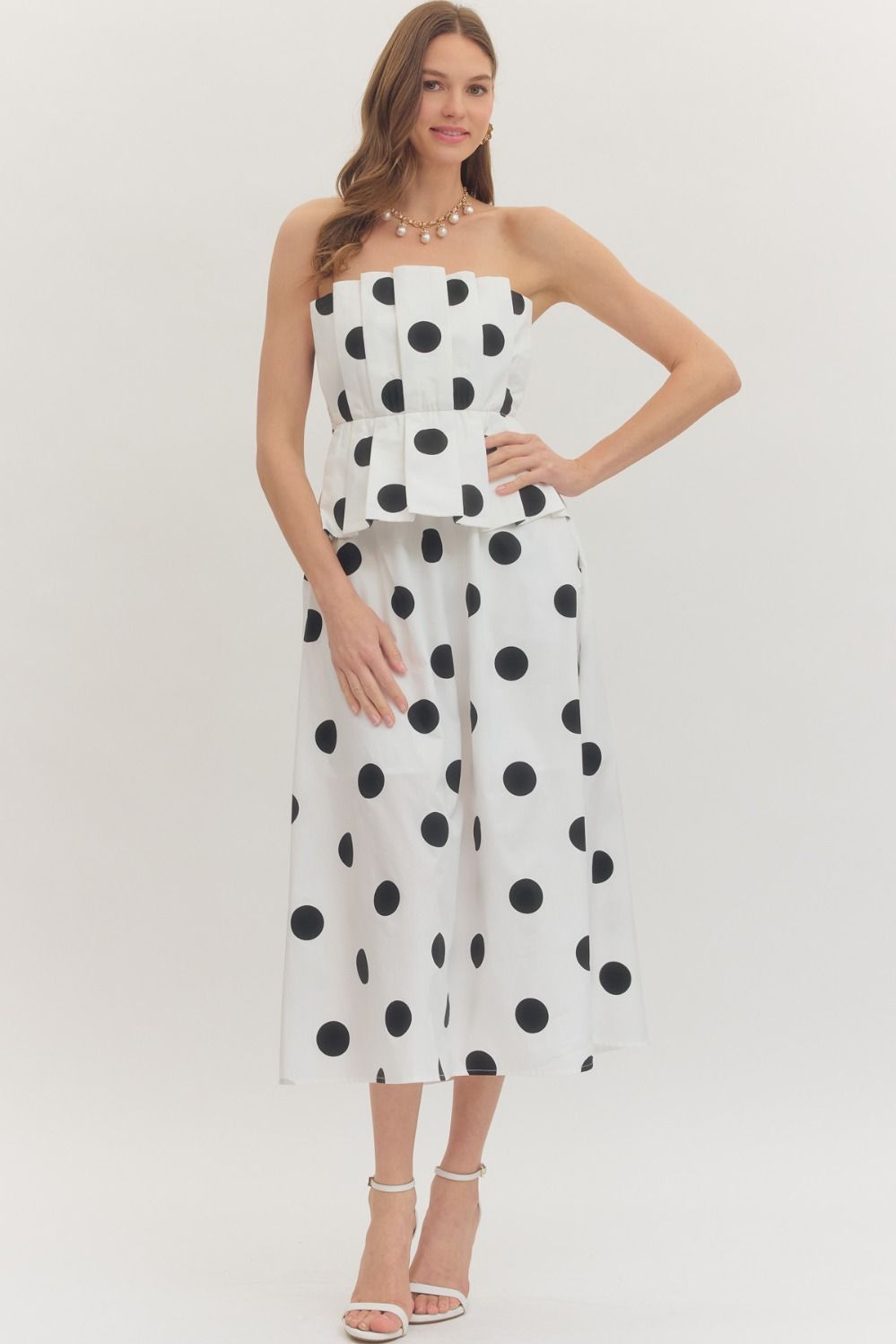 Off White Polka Dot Pleated Strapless Midi