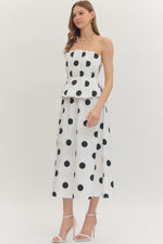 Off White Polka Dot Pleated Strapless Midi