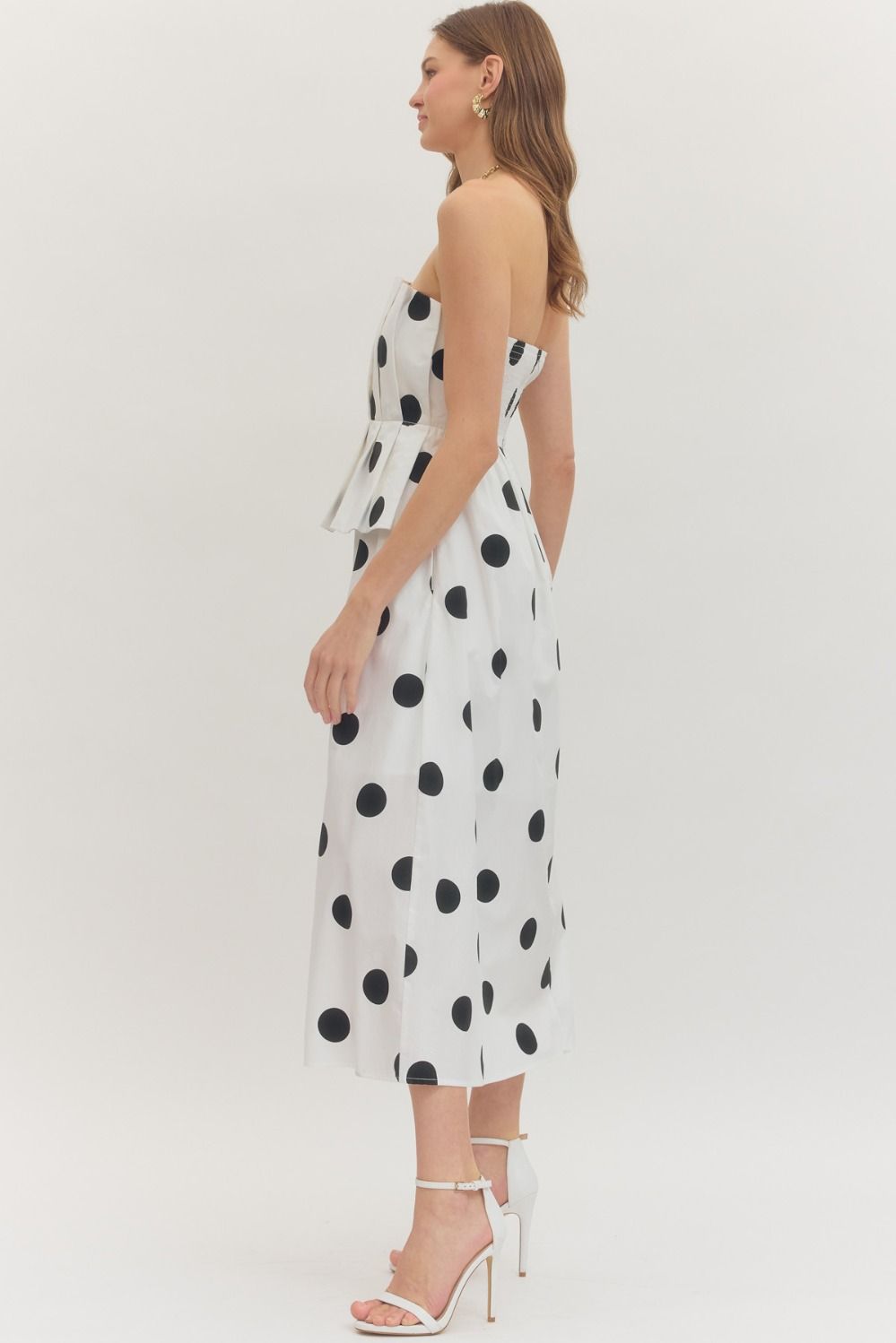 Off White Polka Dot Pleated Strapless Midi