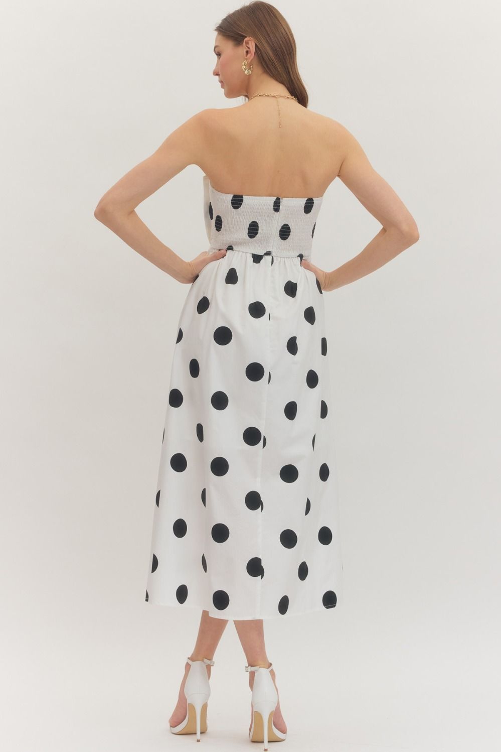Off White Polka Dot Pleated Strapless Midi