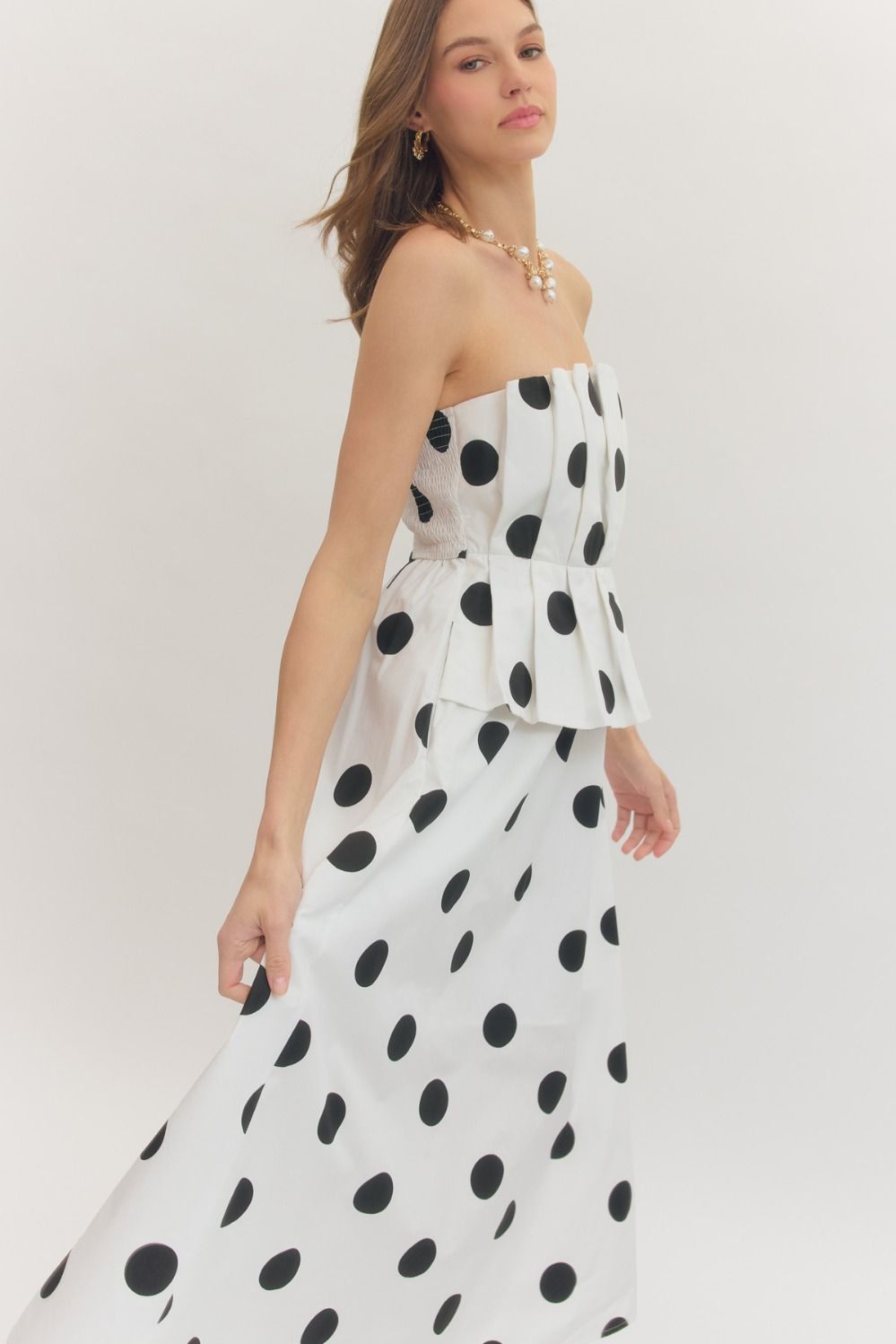 Off White Polka Dot Pleated Strapless Midi