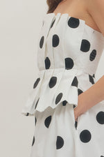 Off White Polka Dot Pleated Strapless Midi