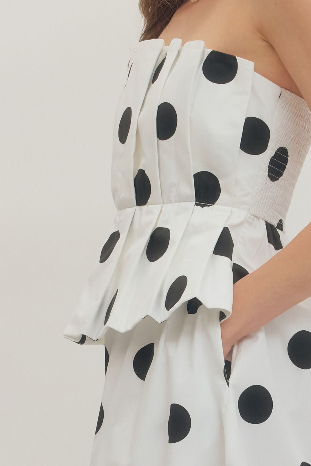 Off White Polka Dot Pleated Strapless Midi