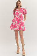 Pink Floral Split V-Neck Mini Dress