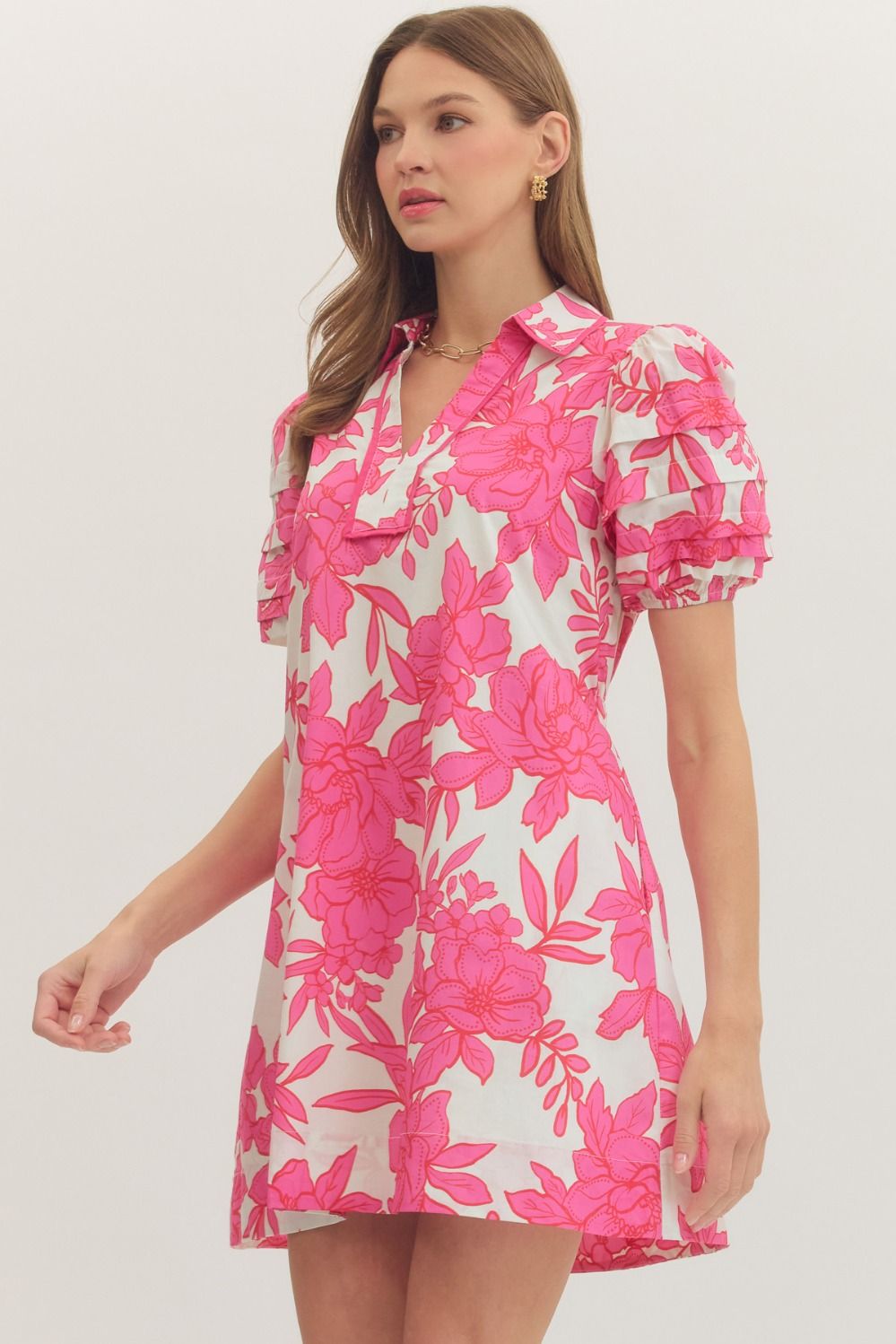 Pink Floral Split V-Neck Mini Dress