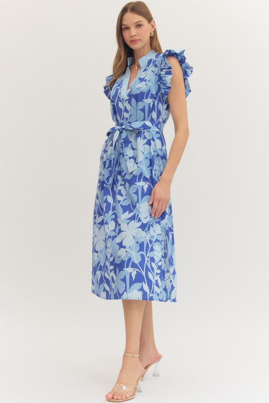 Ocean Blue Botanical Print Midi