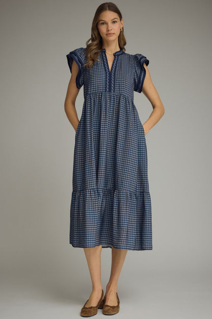 Gingham Flutter Sleeve Midi Dress