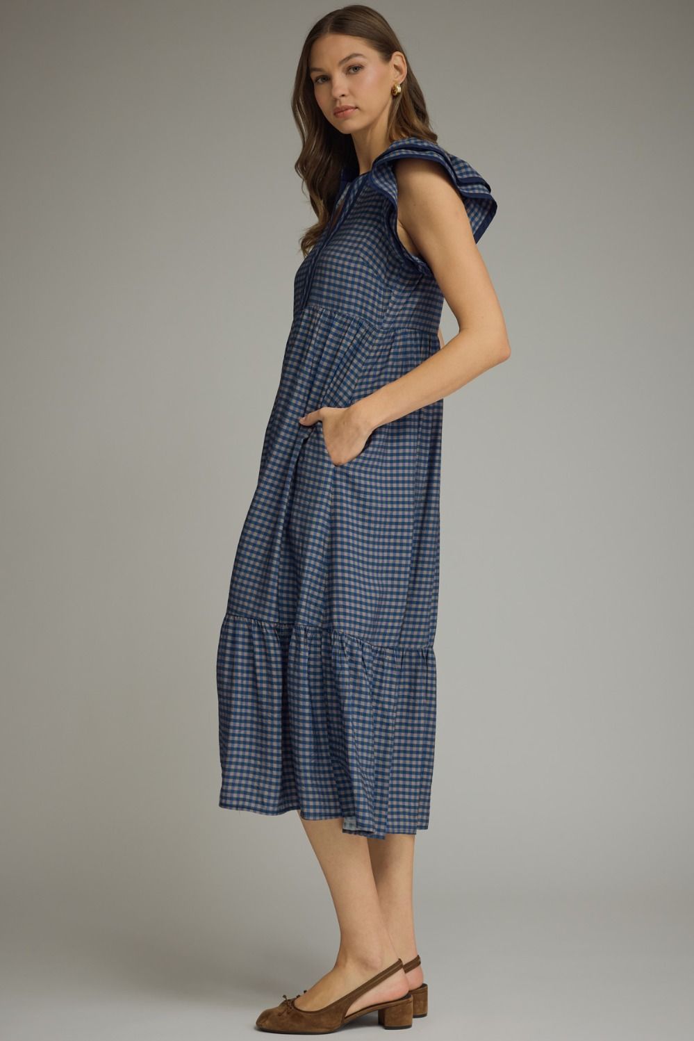 Gingham Flutter Sleeve Midi Dress