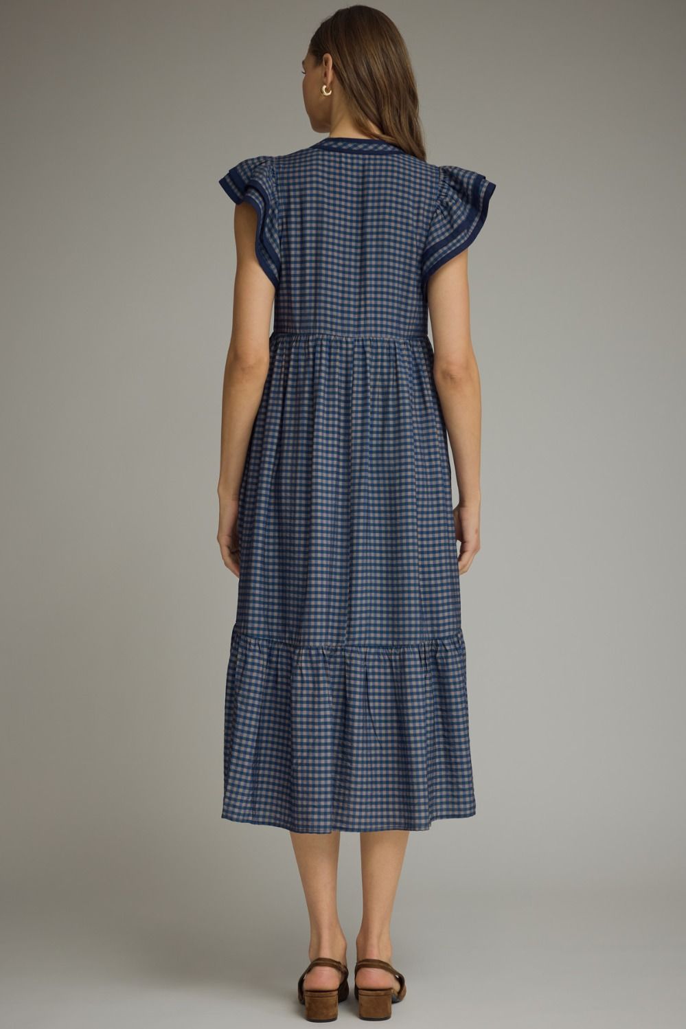 Gingham Flutter Sleeve Midi Dress