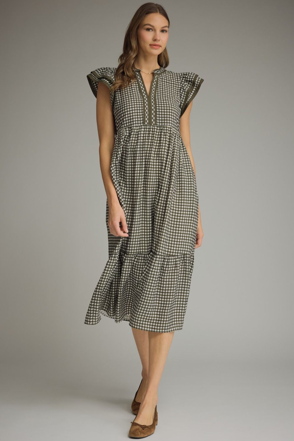 Gingham Flutter Sleeve Midi Dress