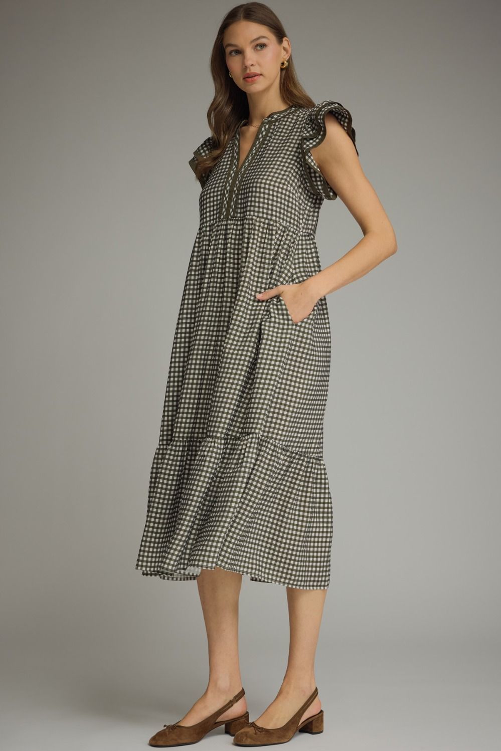 Gingham Flutter Sleeve Midi Dress
