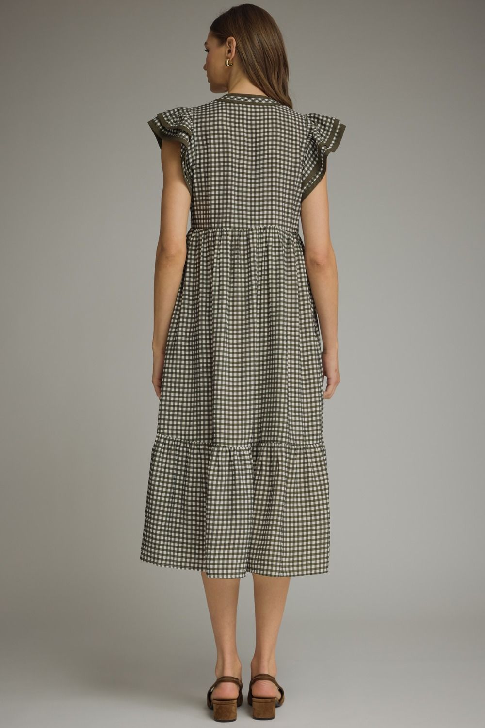 Gingham Flutter Sleeve Midi Dress