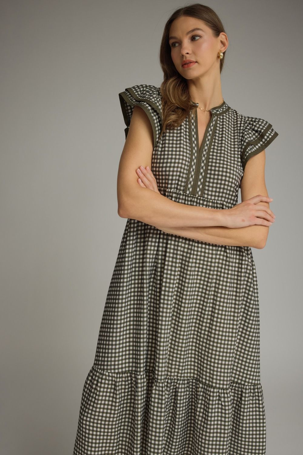 Gingham Flutter Sleeve Midi Dress