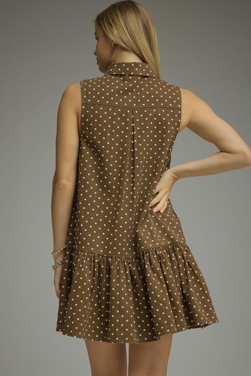 Brown Sleeveless Polka Dot Mini Dress