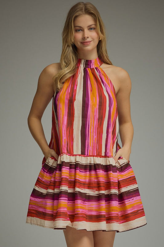 Stripe Sleeveless Halter Mini Dress