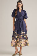 Solid Puff Sleeve Midi Featuring Floral Border
