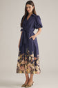 Solid Puff Sleeve Midi Featuring Floral Border