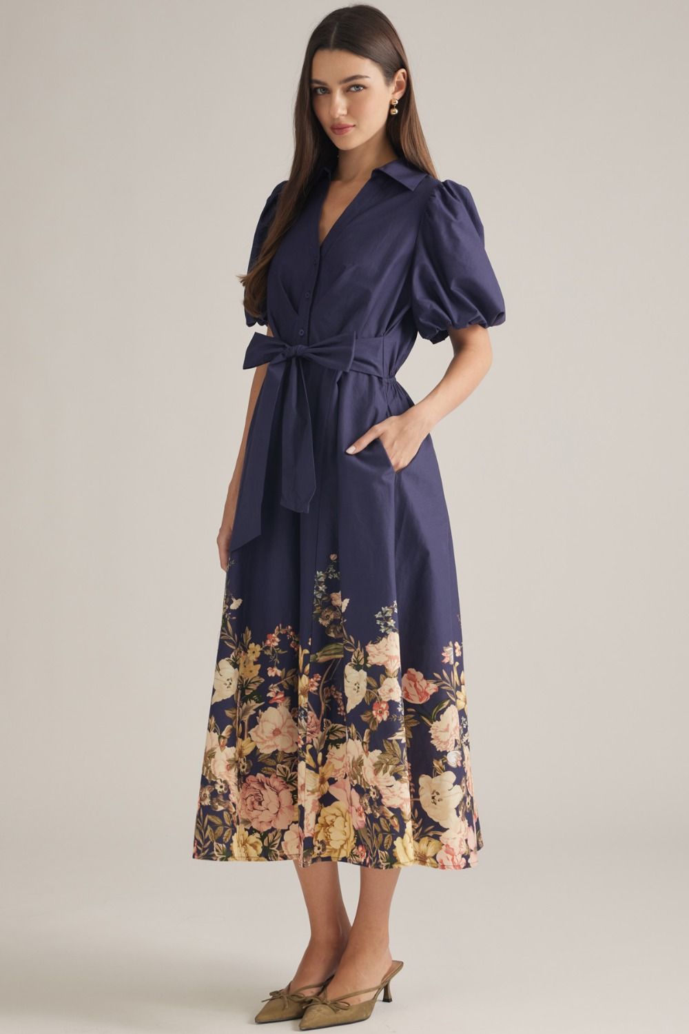 Solid Puff Sleeve Midi Featuring Floral Border