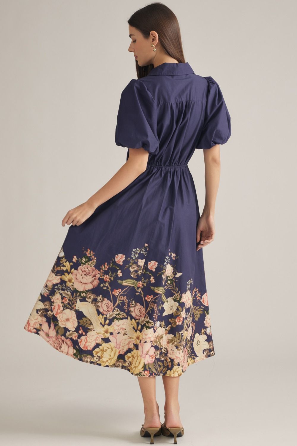 Solid Puff Sleeve Midi Featuring Floral Border
