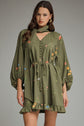 Olive Floral Print Mini with Scarf Neck Detail