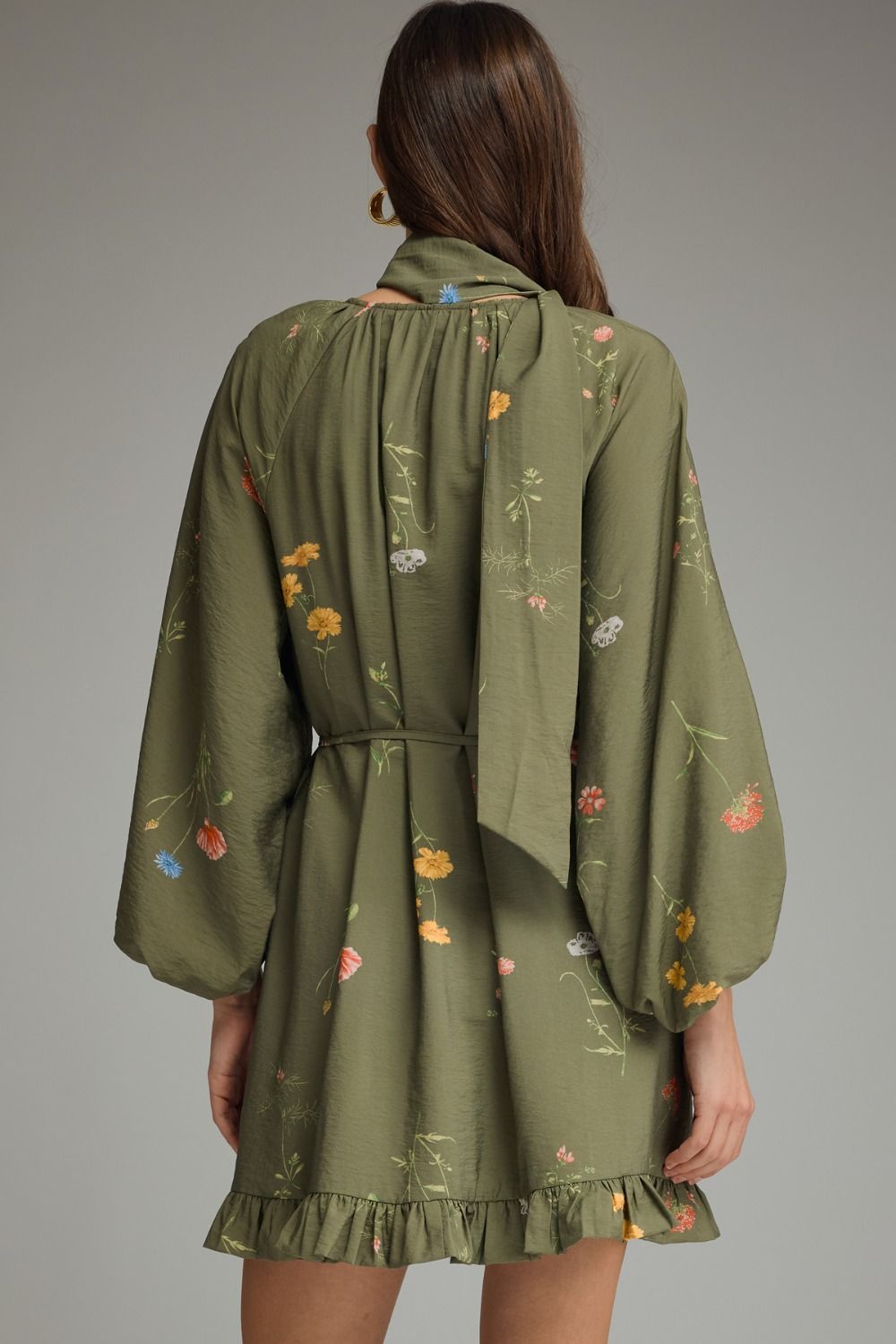 Olive Floral Print Mini with Scarf Neck Detail