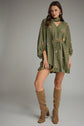 Olive Floral Print Mini with Scarf Neck Detail
