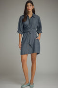 Denim 3/4 Sleeve Mini Dress Featuring Self-Tie Waist