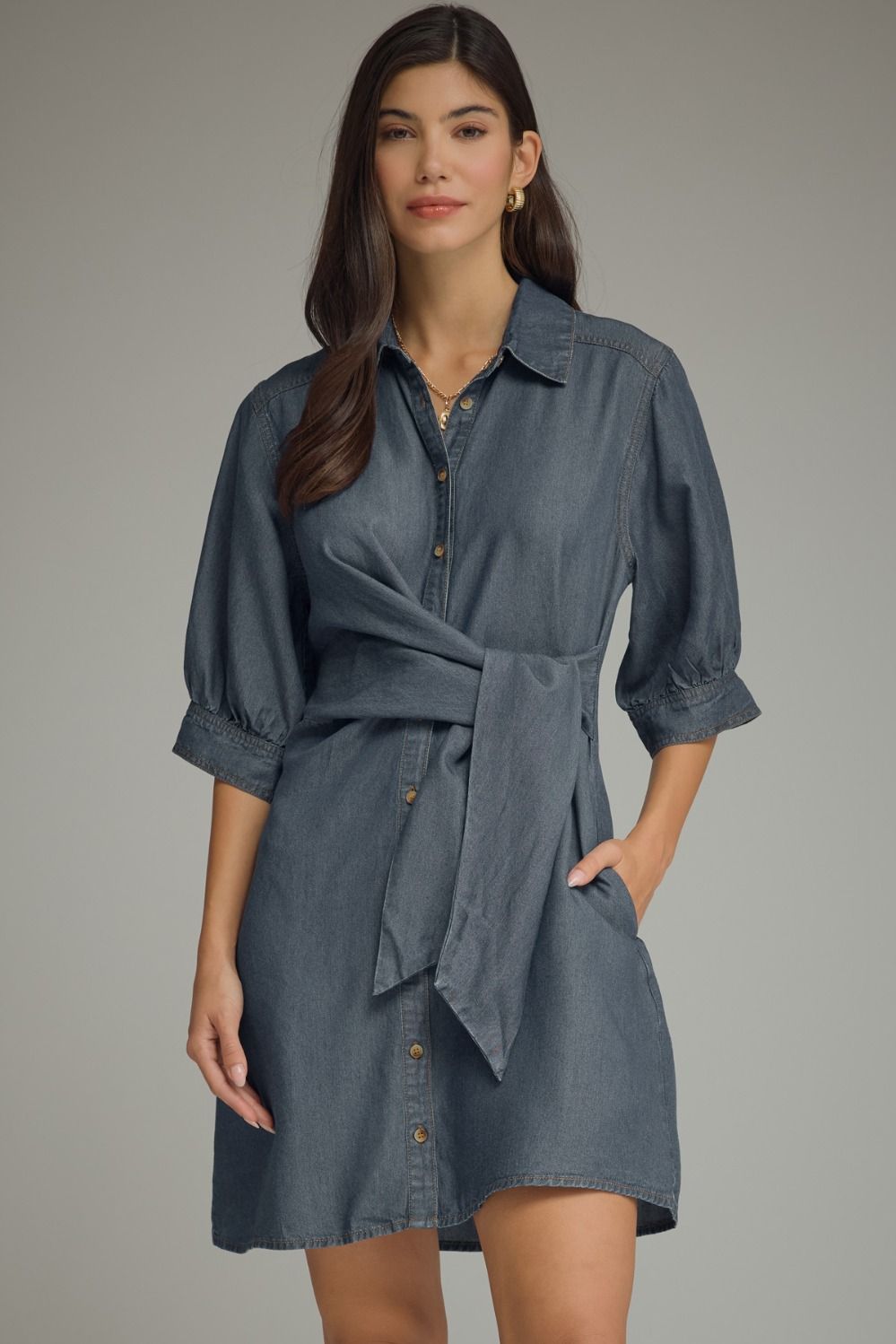 Denim 3/4 Sleeve Mini Dress Featuring Self-Tie Waist