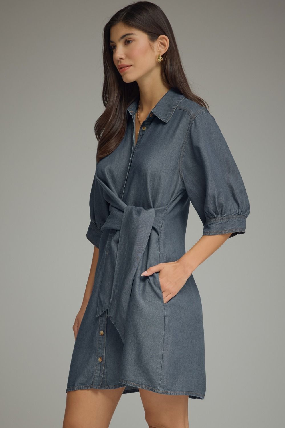 Denim 3/4 Sleeve Mini Dress Featuring Self-Tie Waist