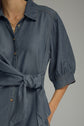 Denim 3/4 Sleeve Mini Dress Featuring Self-Tie Waist