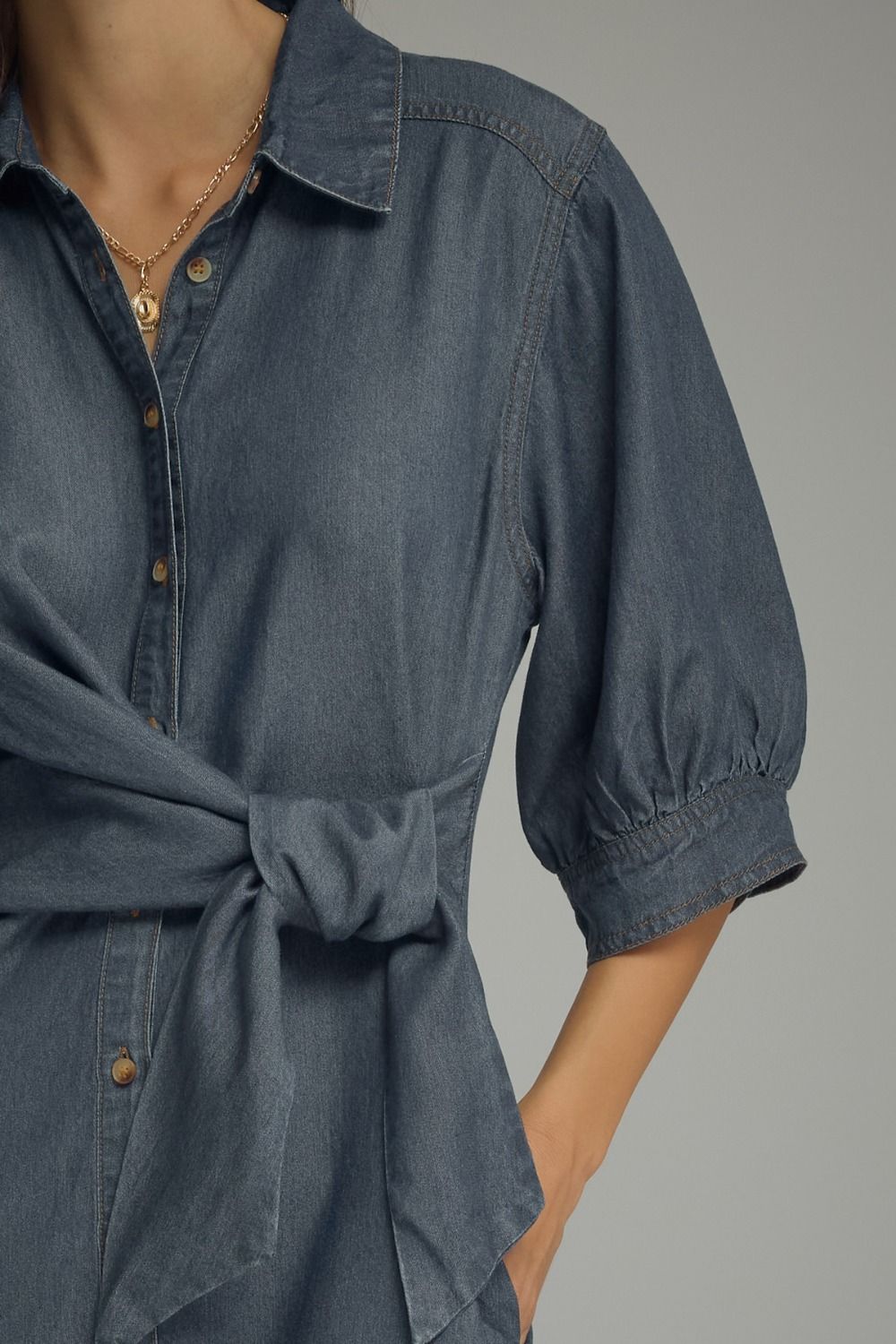 Denim 3/4 Sleeve Mini Dress Featuring Self-Tie Waist