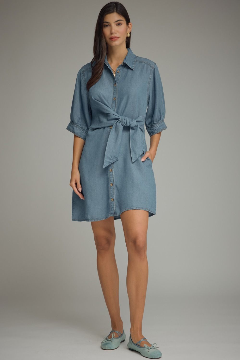 Denim 3/4 Sleeve Mini Dress Featuring Self-Tie Waist